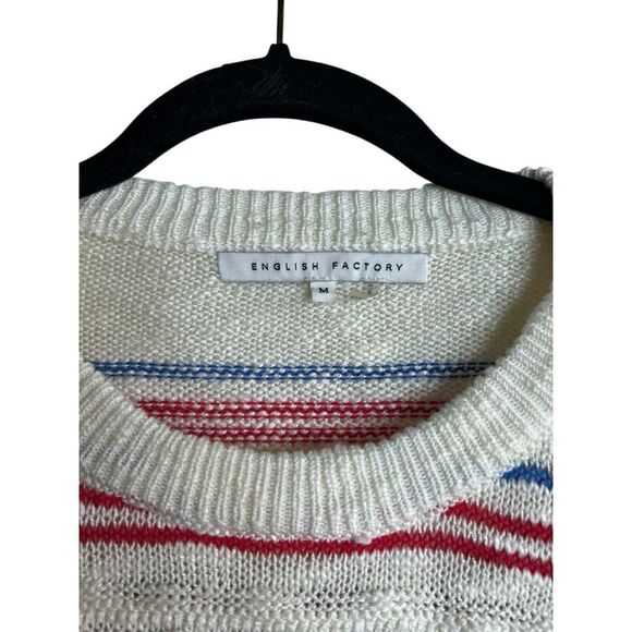 English Factory Striped Fringe Sweater Size M Cream Red Blue 4th of July Patriot - Picture 4 of 9
